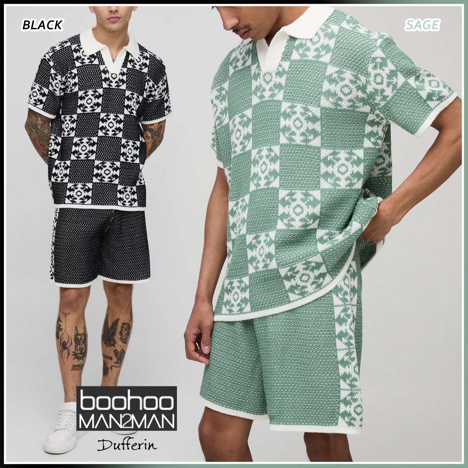 boohoo JACQUARD スクエア ニットポロ＆ショーツ セットアップ