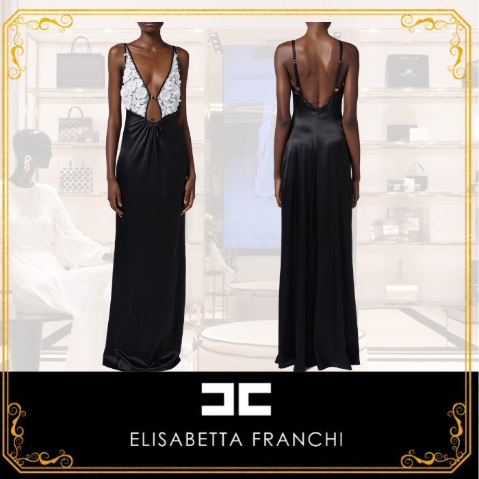 【ELISABETTA FRANCHI】3Dフラワー☆サテン イブニングドレス