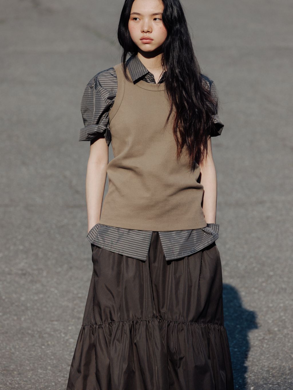 MONOHA] / ☆ 25SS Gingham check shirring skirt / brown