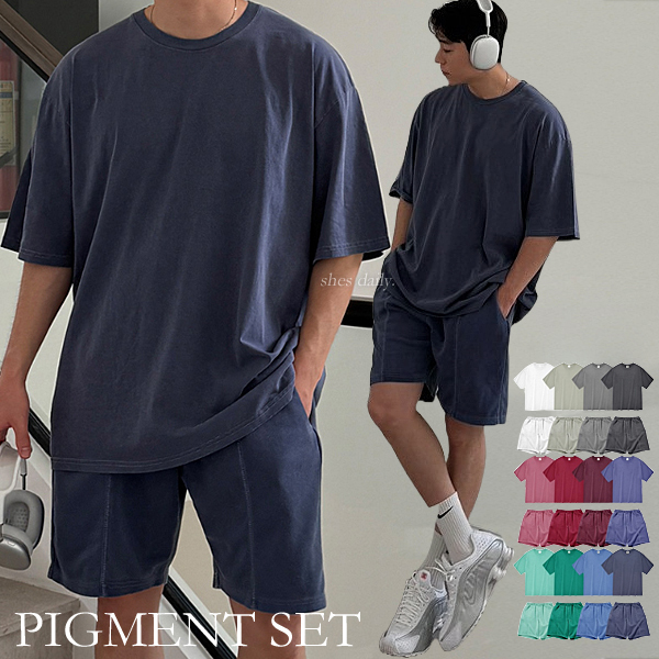 Pigment Short Sleeve T-Shirt & Half Pants Set ★12color ~4XL