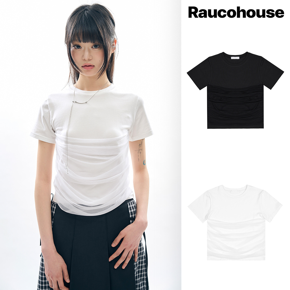 【Raucohouse】Awesome mesh shirring t-shirt