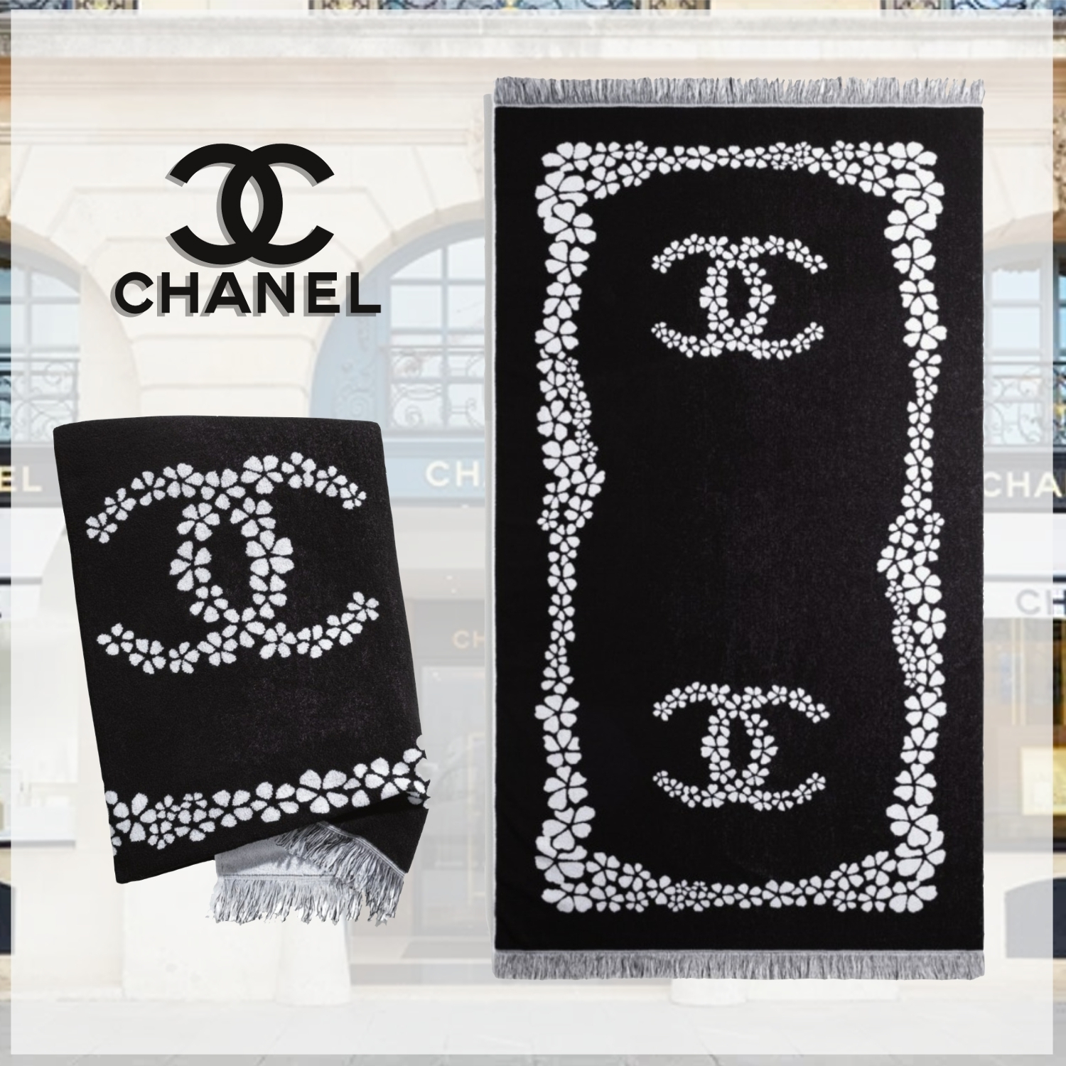 25ss ココビーチ♪【 CHANEL 】コットンロゴ ビーチ バスタオル