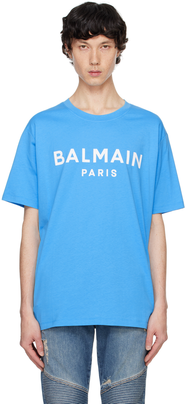 【関税込み】Balmain ブルー Balmain Paris プリントTシャツ