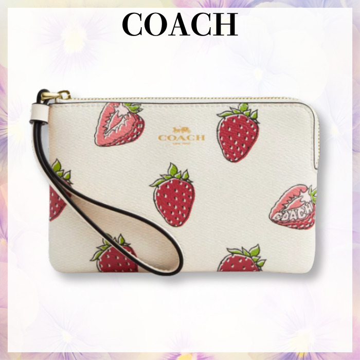 キュートないちご柄【COACH】コーナジップ リストレット ポーチ
