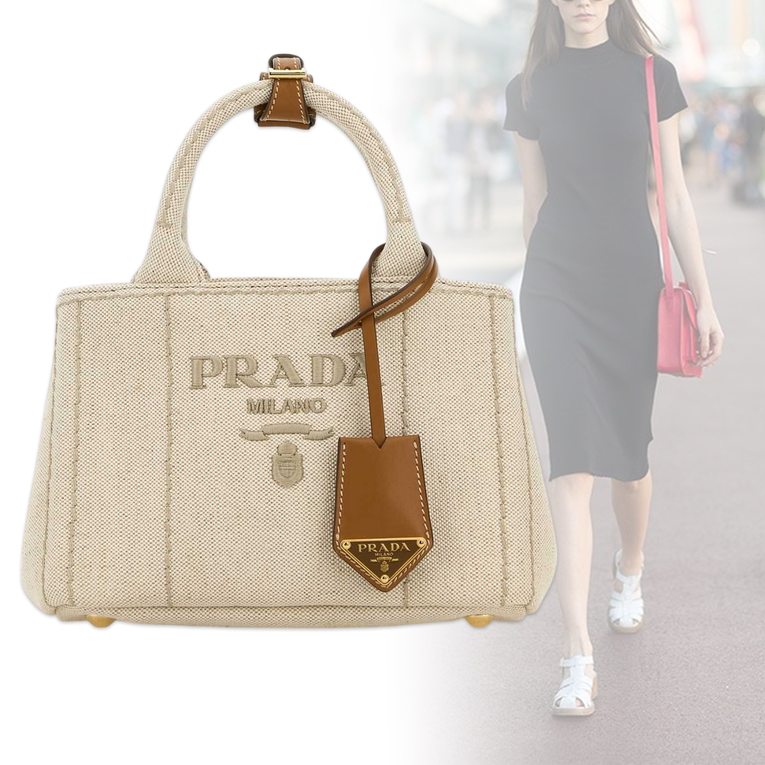 ◆PRADA◆ ロゴ刺繍トートバッグ コットン & キャンバス