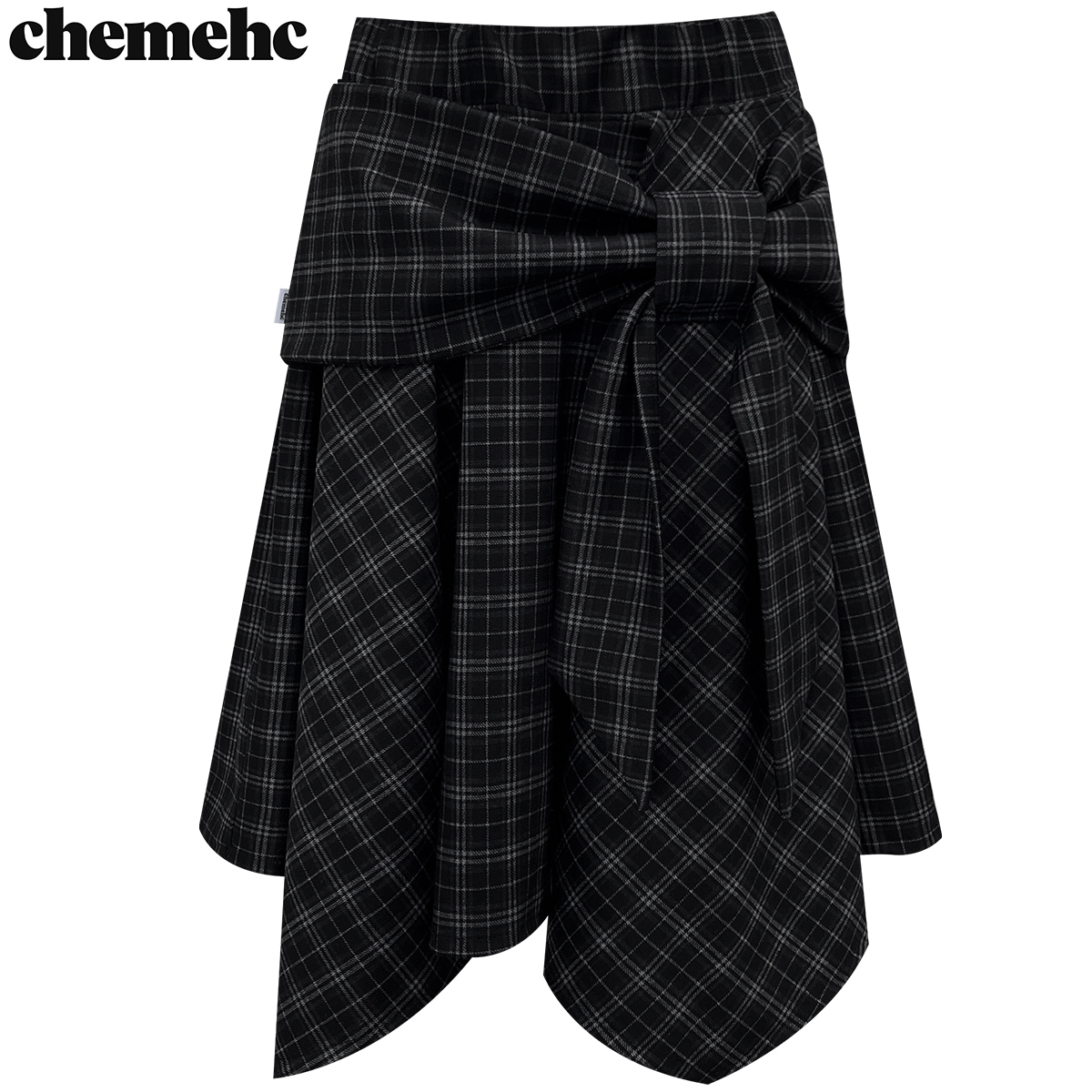 ★chemehc★BOW UNBALANCED SKIRT (BLACK CHECK)★韓国送料込