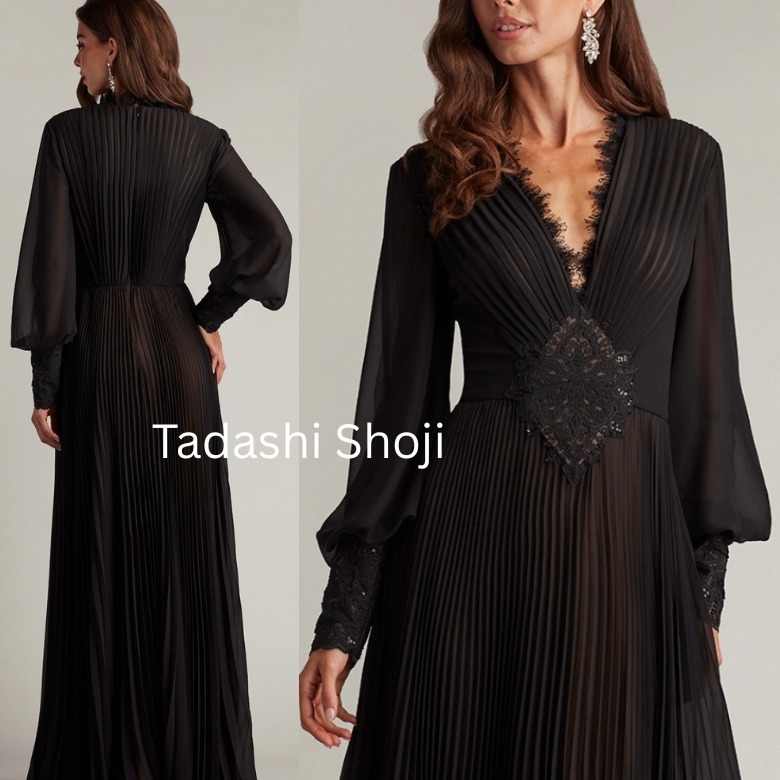TADASHI SHOJI ジョーゼット黒プリーツVネックロングドレスPARTY