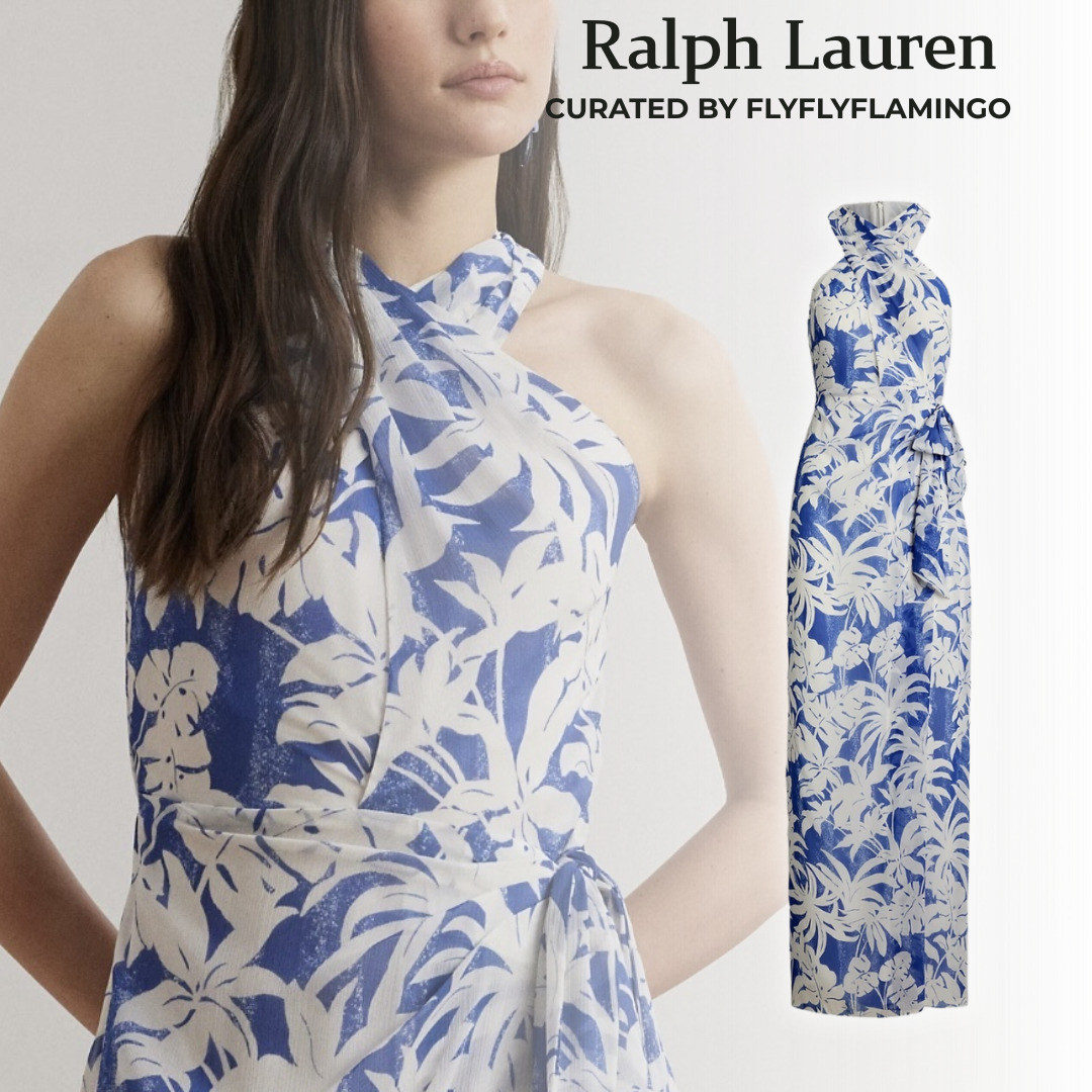 【RALPH LAUREN】ヤシの葉柄 ホルターネック ガウン ドレス