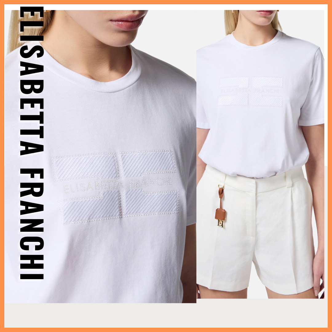 【Elisabetta Franchi】ラインストーン付きコットンTシャツ