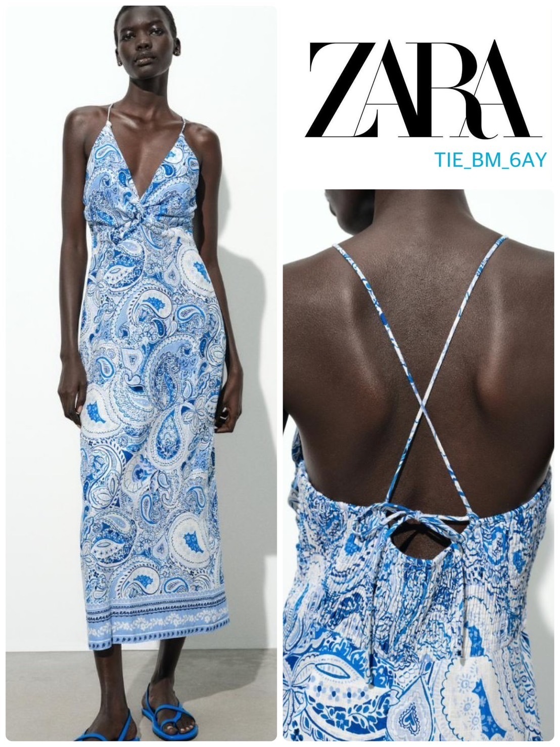 スペイン発送 ZARA プリントノットミディドレス 上品カジュアル