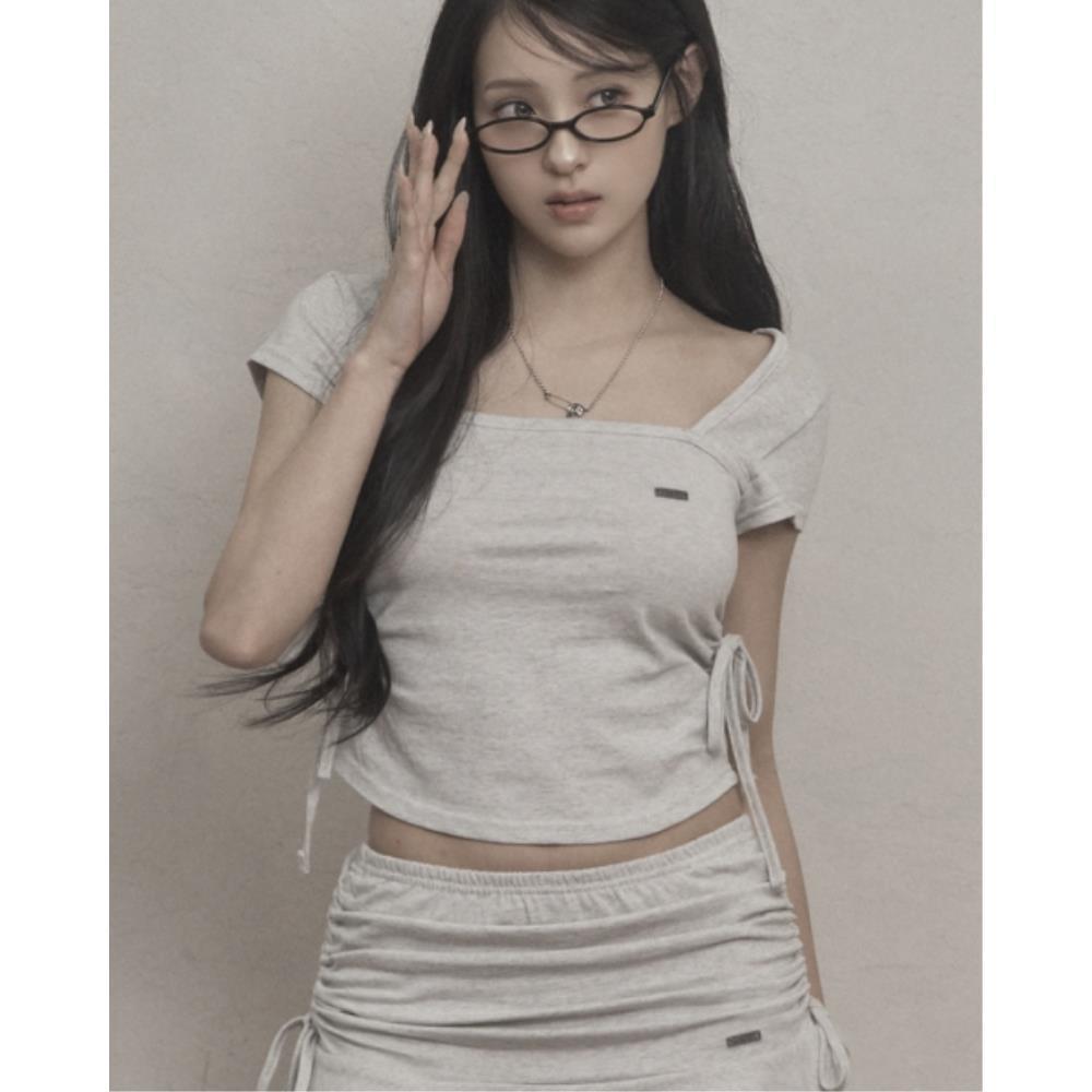 ◆KHAKIPOINT◆ Ribbon Shirring Tshirt melange