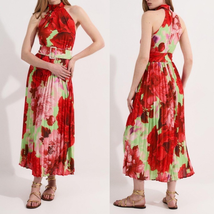 安心追跡【KAREN MILLEN】フローラルネックプリーツミディドレス