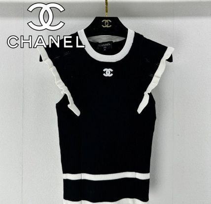 《CHANEL》カットソー Uネック 袖フリル 25S新作 ウール CCロゴ