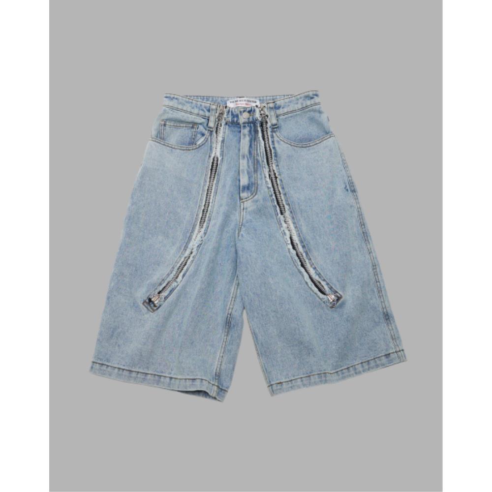 ◆THE MUSEUM VISITOR◆ CURVED ZIPPER DENIM SHORTS LIGHT BLUE