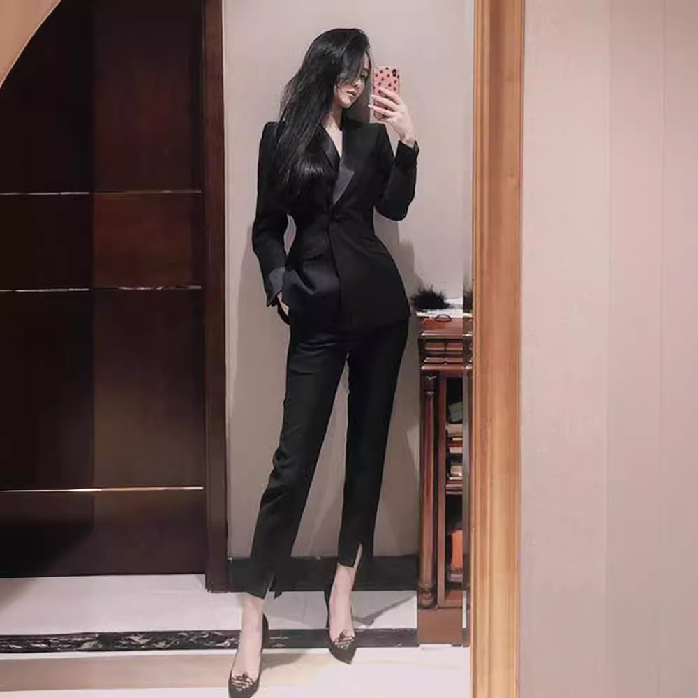 スーツ パンツ セットアップ タイト ブラック ロング 韓国
