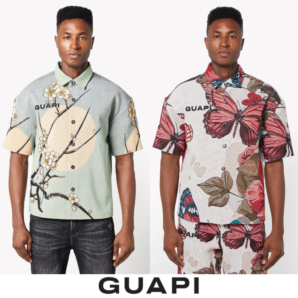 GUAPI 蝶 タペストリー 半袖 シャツ 花 カジュアル モチーフ