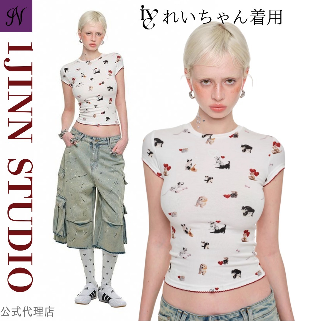 公式【1JINN STUDIO】Cat Dog Print Round-neck Short Sleeve T