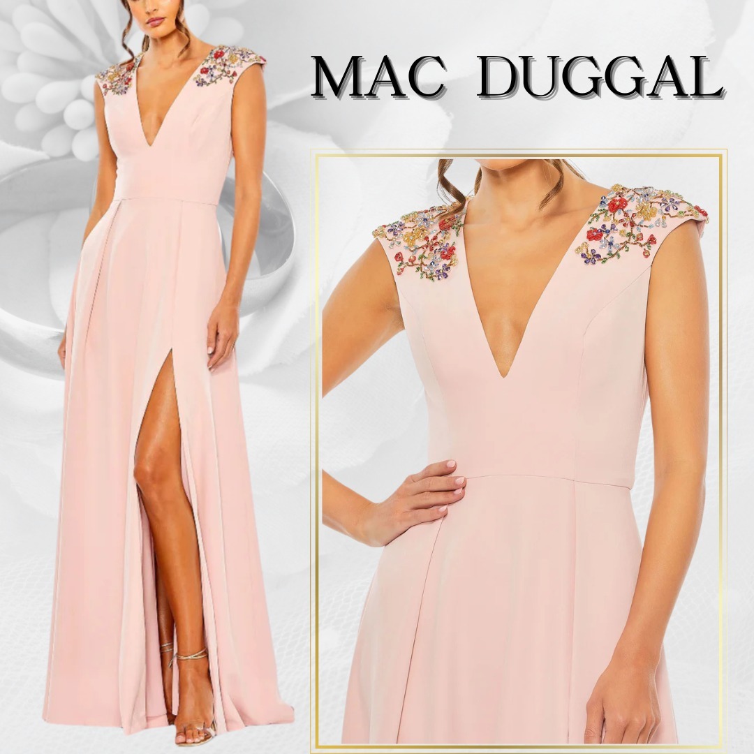 【MAC DUGGAL】ロングドレス ピンク ノースリーブ Vネック 花柄