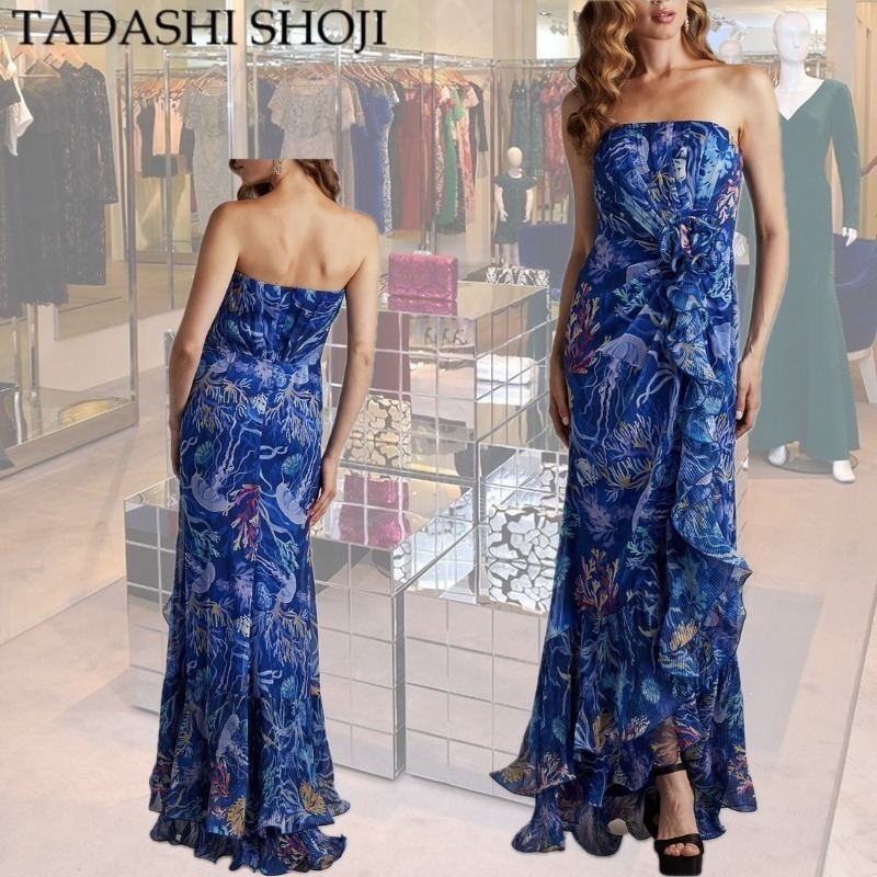 【TADASHI SHOJI】MORWENNA OCEANIC プリント フリル ガウン