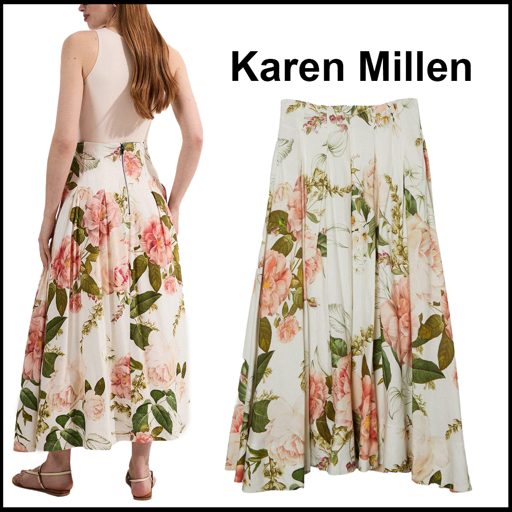 Karen Millen★花柄ビスコースリネンハイウエストマキシスカート