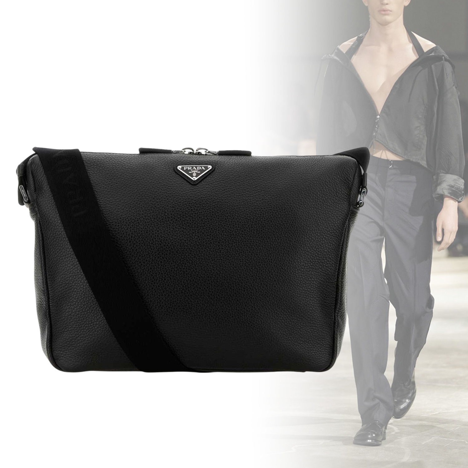 ◆PRADA◆ ロゴプレート ジップ付きショルダーバッグ レザー