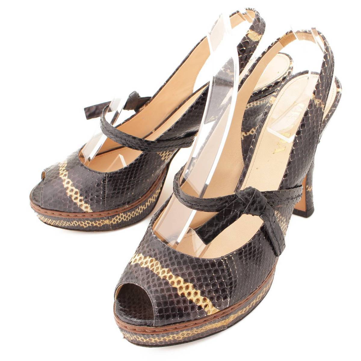 PRADA パイソン リボン ヒールサンダル ブラック 37 1/2 サンダ