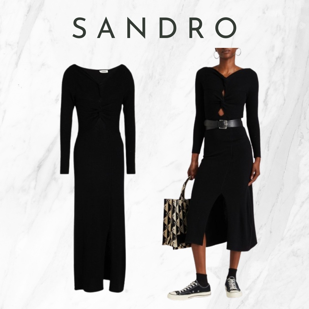 【sandro】関税込★ブラック リブ編みウール混 ミディワンピース
