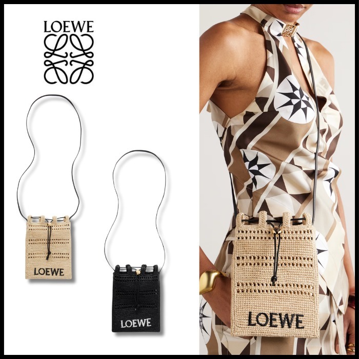 【LOEWE】 ラフィア ショルダーバッグ レザートリム 刺繍入り