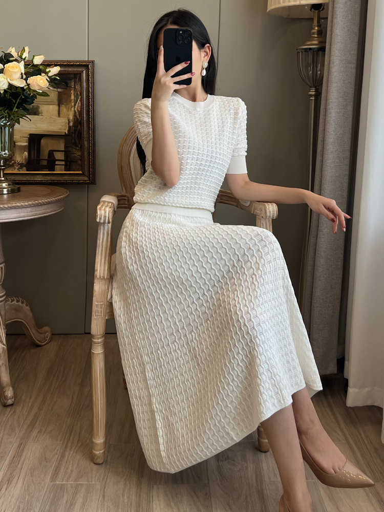 夏物 ニット セットアップ ロング 袖5分 S/XL