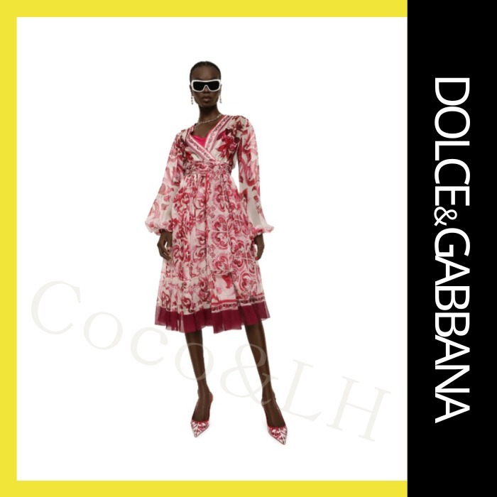 DOLCE&GABBANA マジョリカ柄 シフォンミディドレス