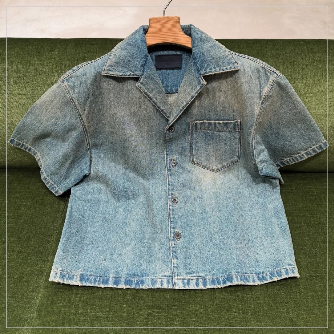 【お洒落度UP】PRADA◆ブリーチデニム 半袖 ボウリングシャツ