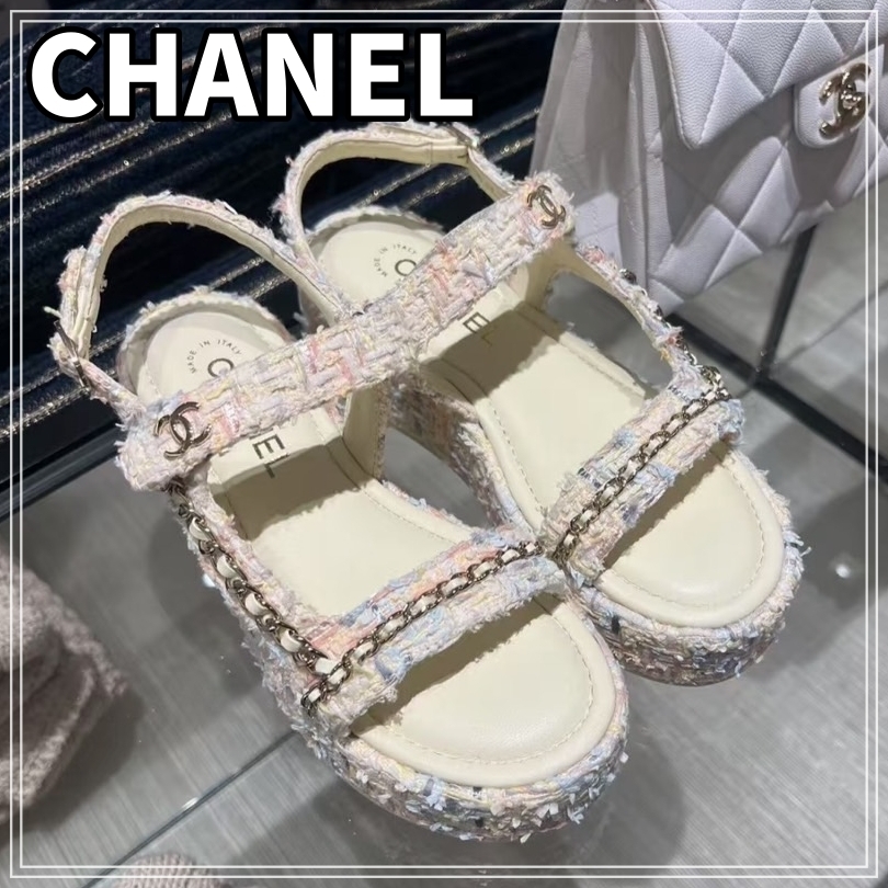 【25ss】CHANEL サンダル ツイード チェーン 厚底 ココマーク