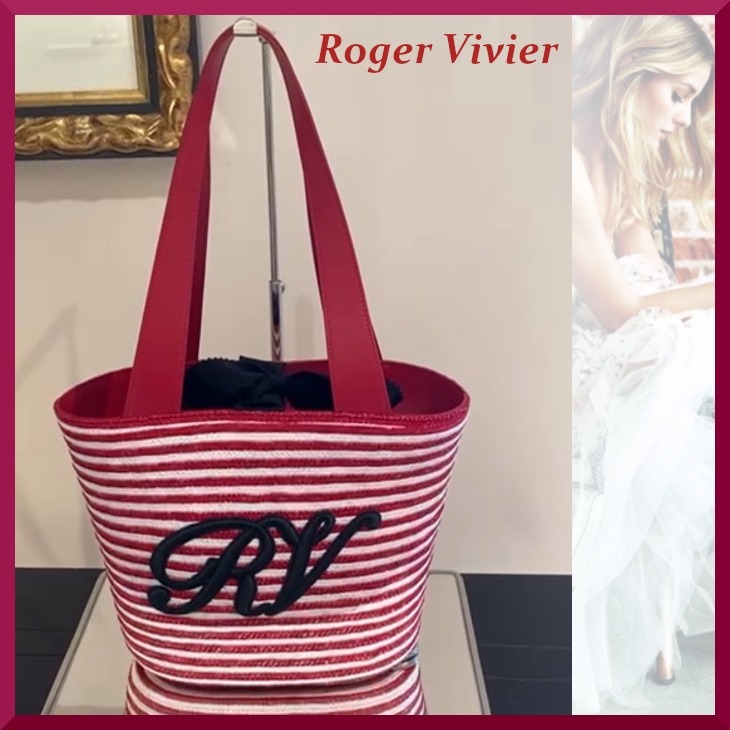 Roger Vivier ロゴ ボーダー ラフィアショッピングバッグ レッド
