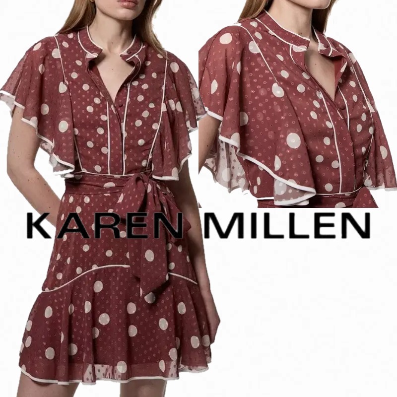 【KAREN MILLEN】ミックスドットフリルジョーゼット ミニドレス
