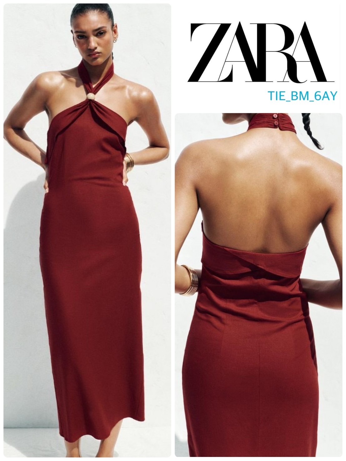 スペイン発送 ZARA リネンのホルターネックミディドレス 最新作