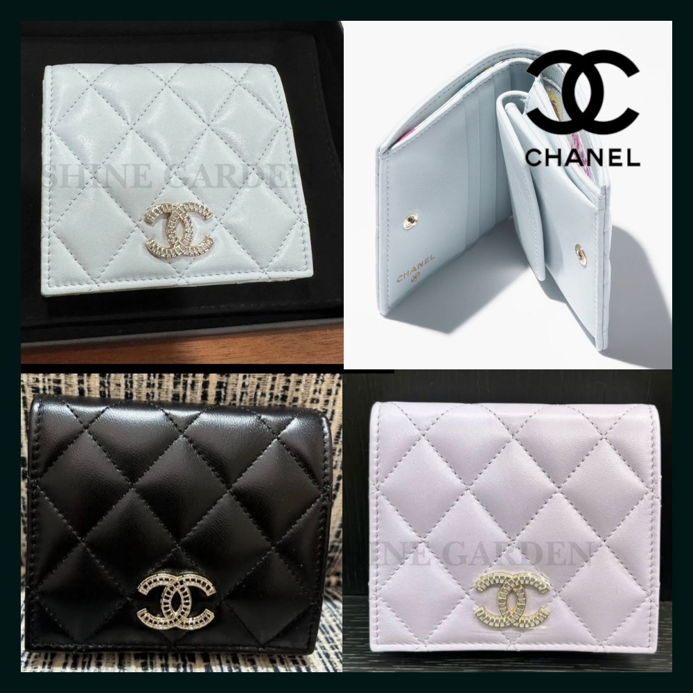 25ss 裏柄も特別♪ CHANEL 折り財布 ラムスキン 黒 薄紫 水色