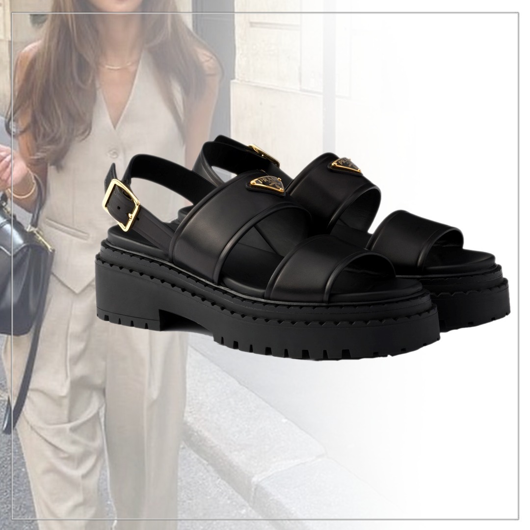 大注目 PRADA◆レザーサンダル モノブロックラバーソール ロゴ