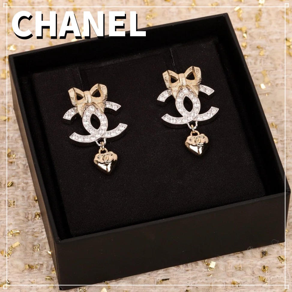 【国内配送】CHANEL リボン×CCロゴ×ハート ピアス ゴールド