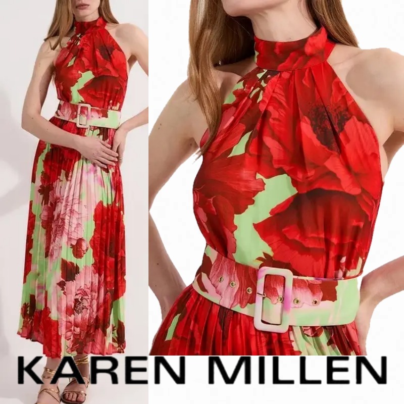 【KAREN MILLEN】フローラル ホルターネック プリーツ ドレス
