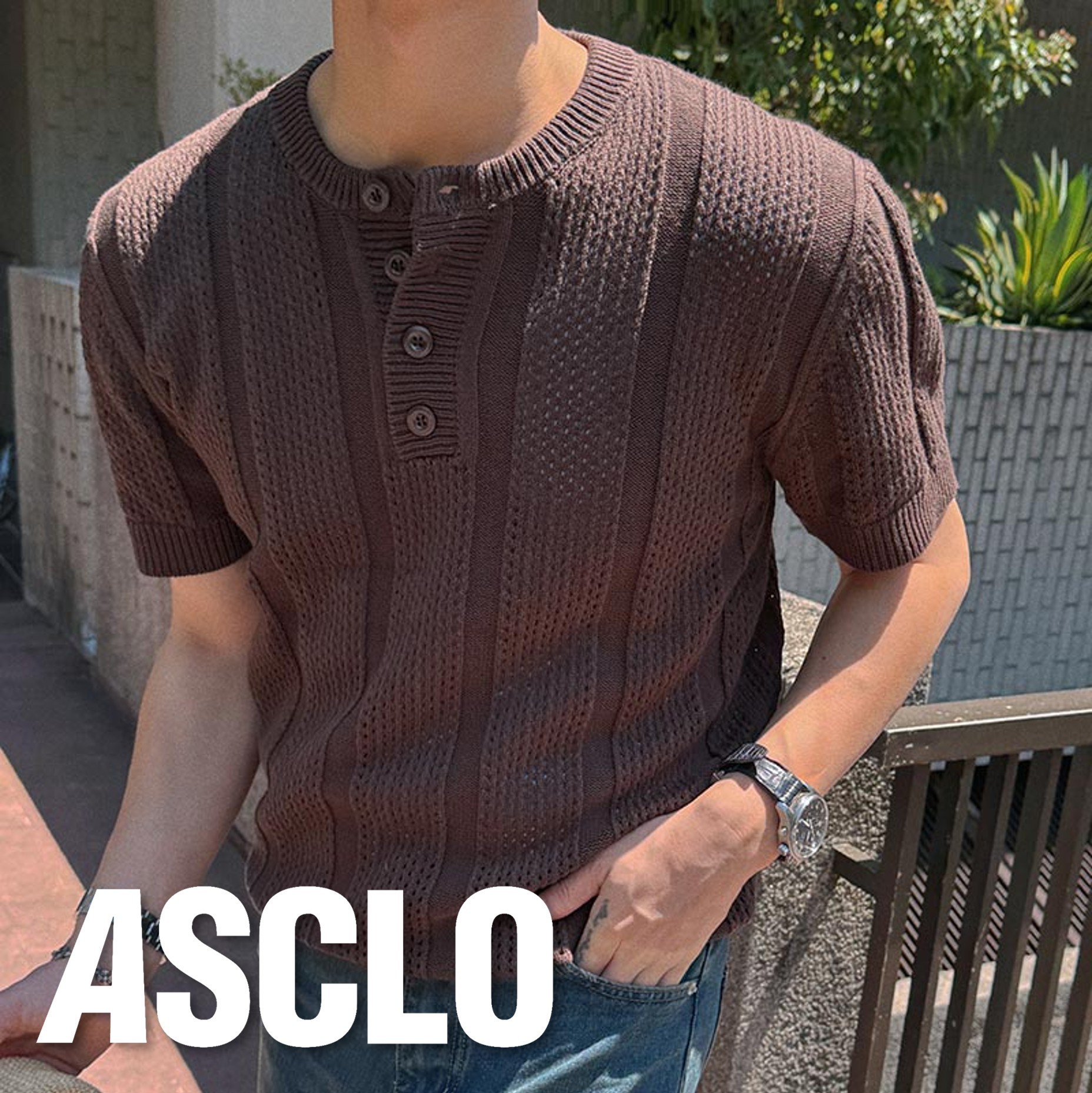 ニット・セーター ASCLO Crochet Henry Neck Short Sleeve Knit (4color)