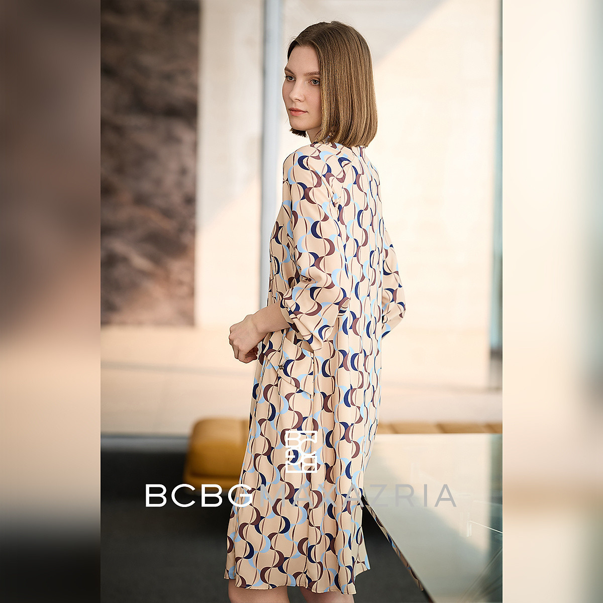 BCBG MAXAZRIA★Crescent Wave Print Draped Lapel Dress BC23