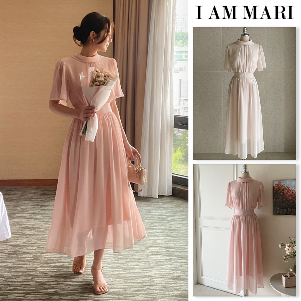【I AM MARI】Poen Chiffon Shirring Flare One Piece