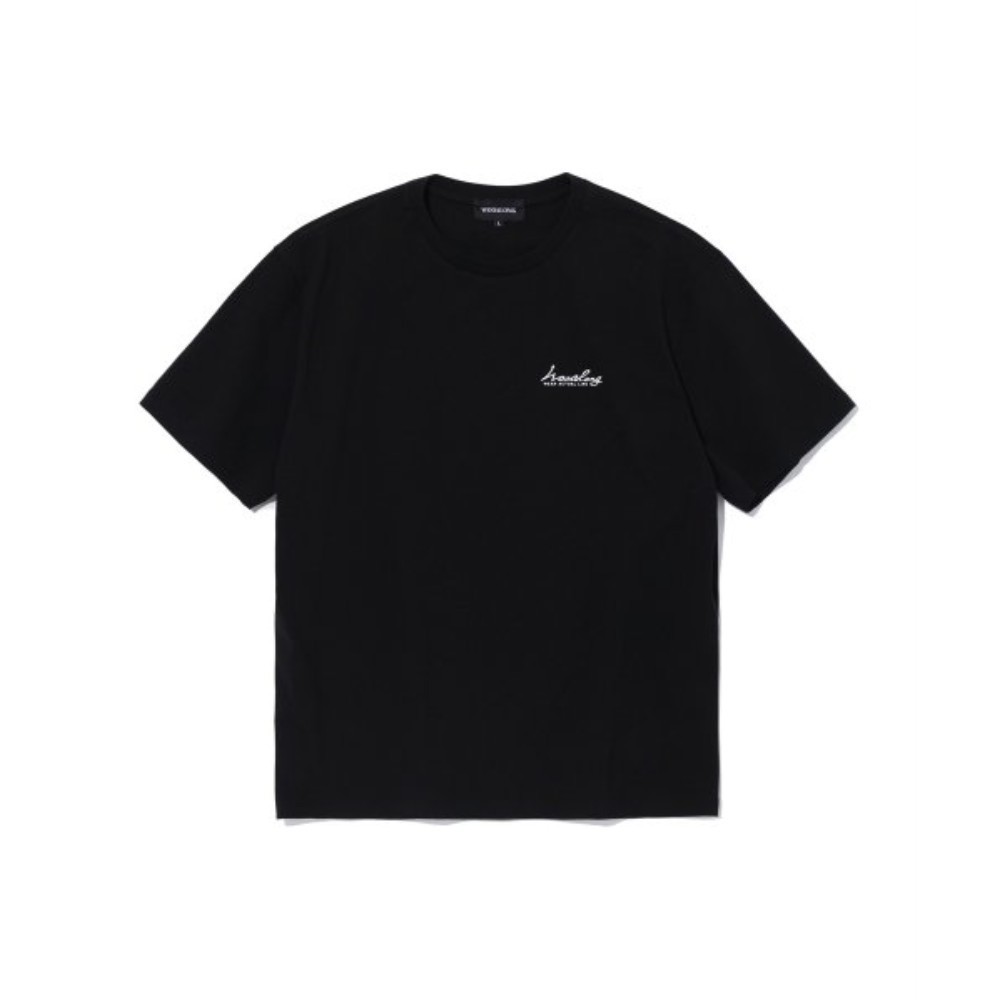 Tシャツ・カットソー WOOALONG Cursive lettering cotton over fit Tshirt BLACK WF2
