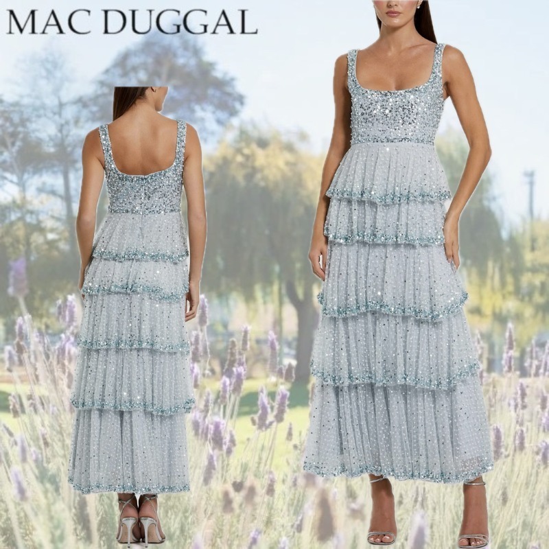 【Mac Duggal】装飾ネットティアードフリルスクープネックドレス
