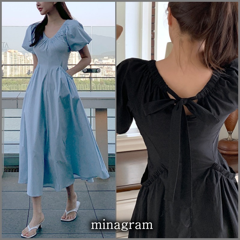 ★minagram★ 伸縮性あるドアールシャーリングパフワンピース