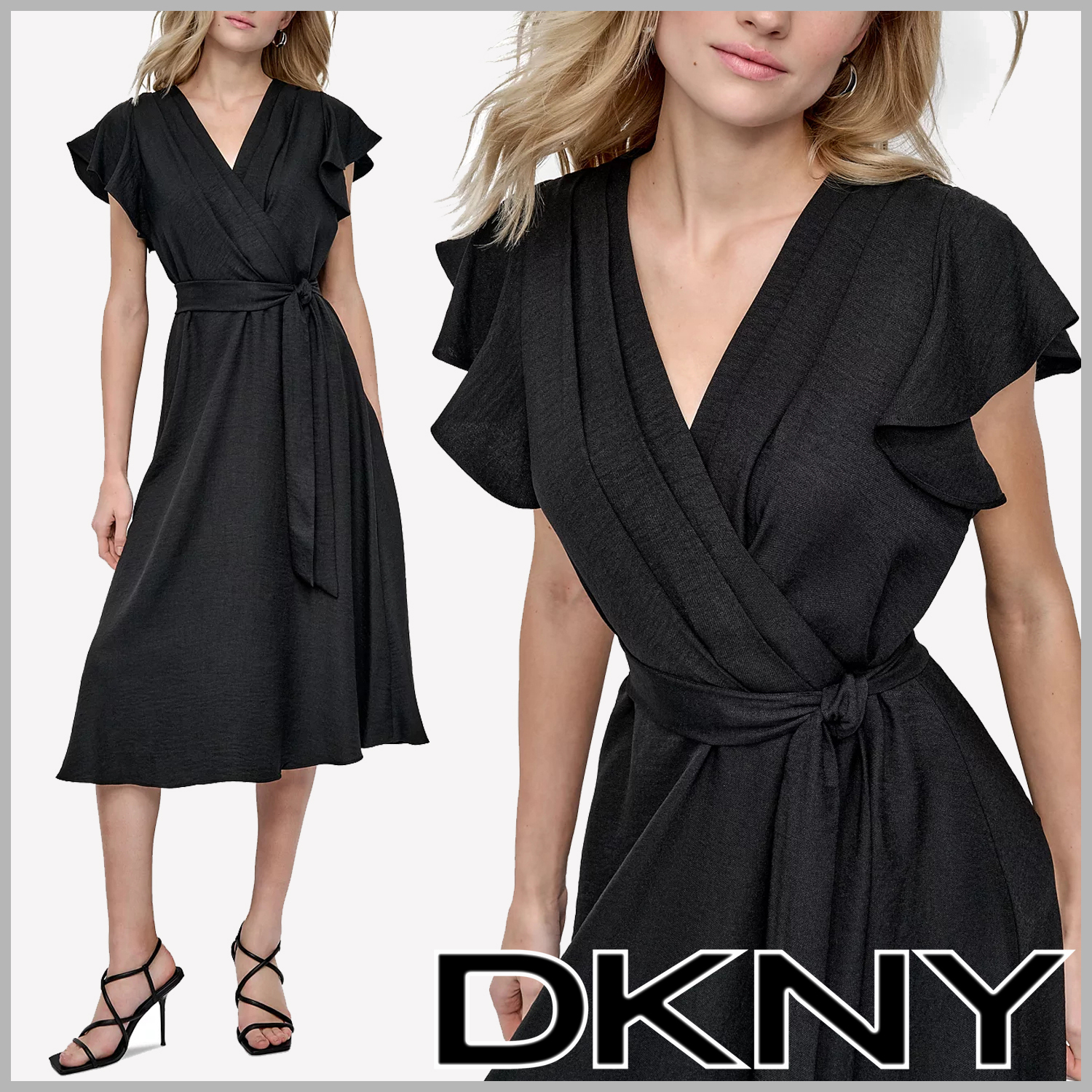 【DKNY】フリル袖ミディ丈フレアラップワンピース