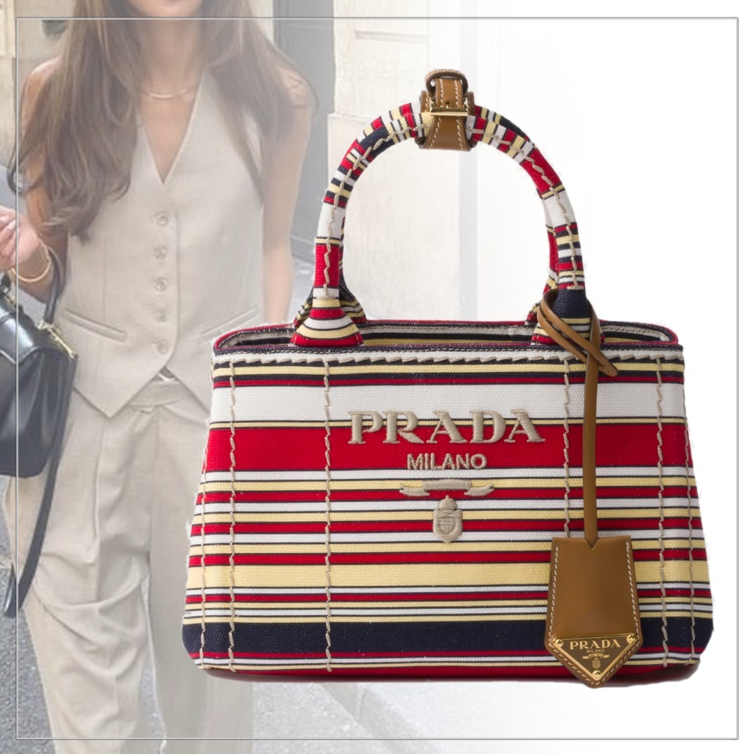 PRADA◆コットンキャンバス ストライプ ミニバッグ ストラップ付