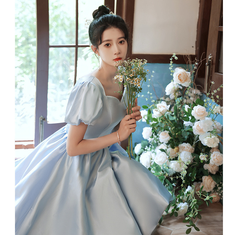 ブルー パーティードレス フレア ミニ エレガント 結婚式 韓国