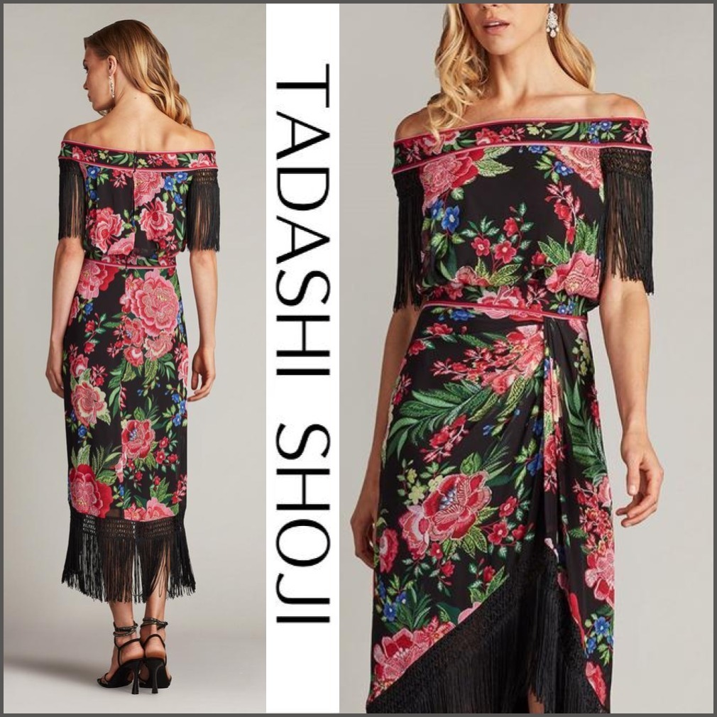関税送料込【TADASHI SHOJI】ミディ ドレス フリンジ ブラック