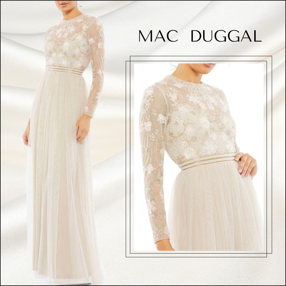 関税送料込【MAC DUGGAL】ロング ワンピース チュール ホワイト